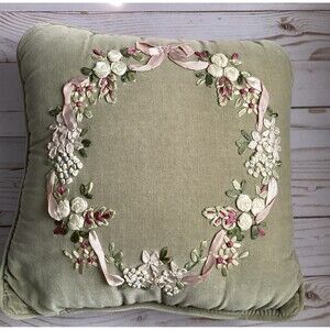 Vintage Velvet Olive Green Ribbon Embroidered Floral Decorative Pillow 12x12
